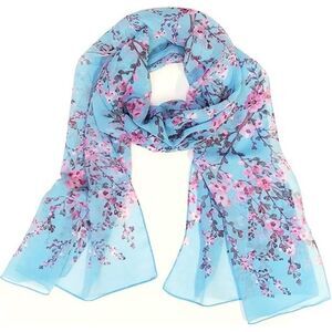 NEW Women's Sheer Floral Chiffon Scarf Silky Floral Light Blue Pretty & Feminine